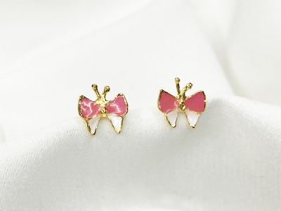 粉紅彩釉蝴蝶黃金耳環
